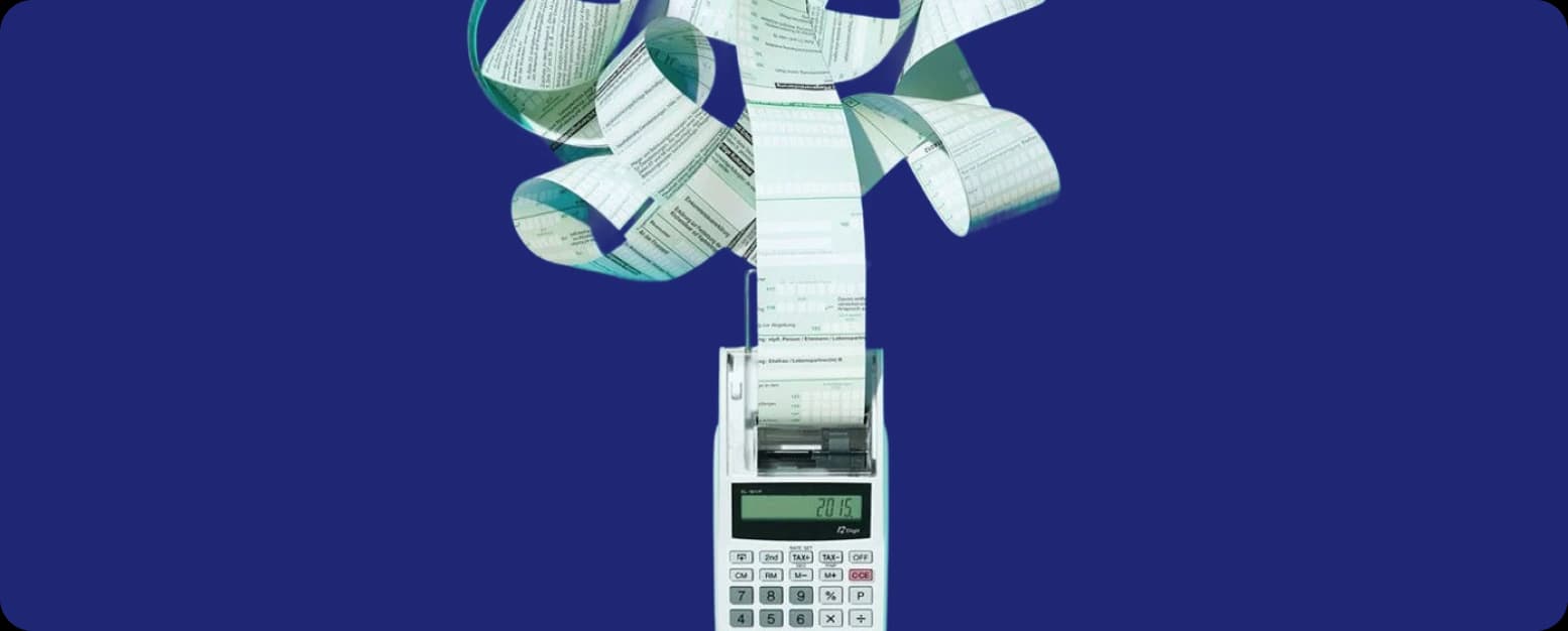 Calculator with a long paper receipt